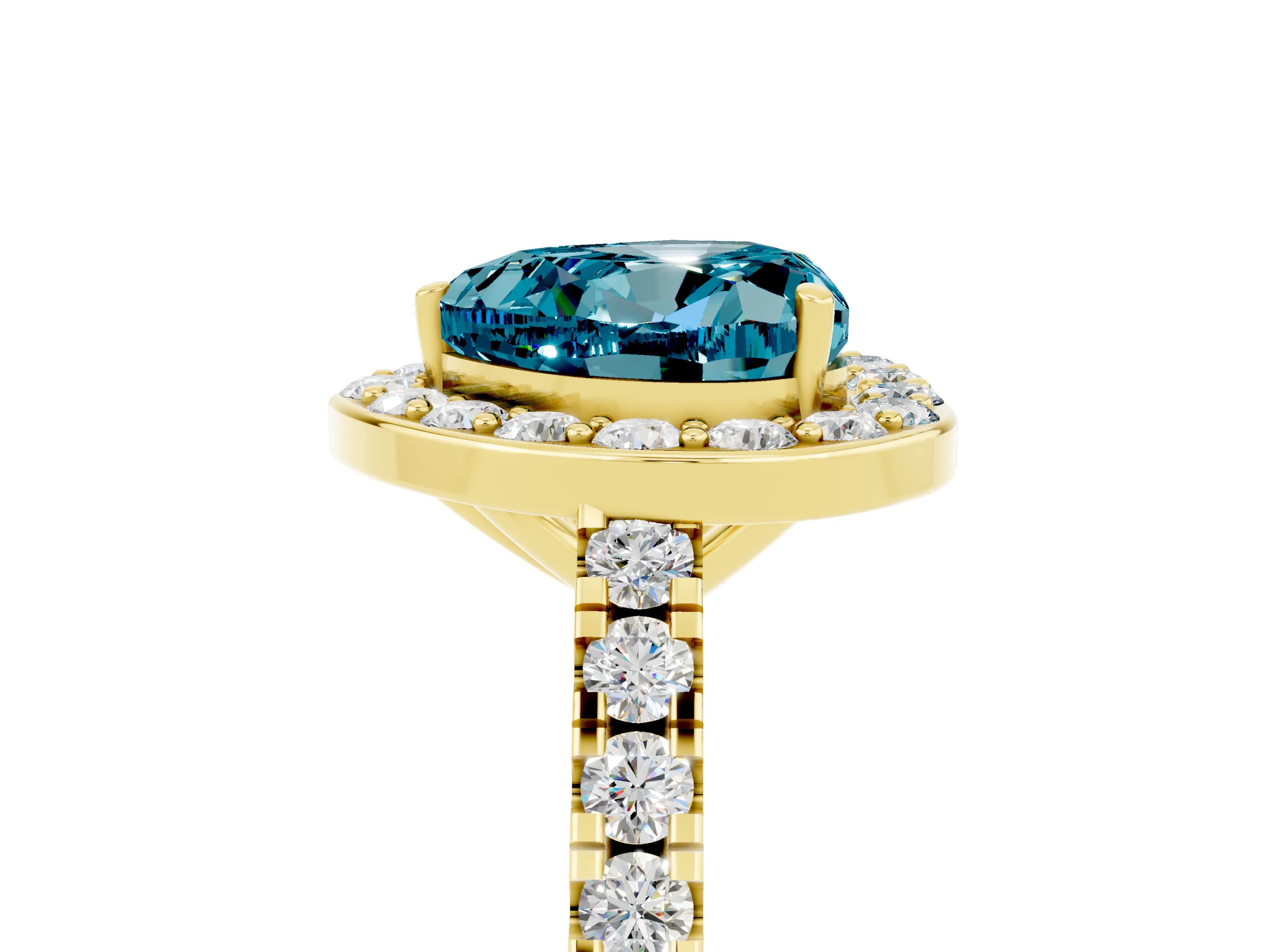 Yellow gold Heart Cut Halo Diamond Ring with Pavé Band and Three-Prong Setting_5