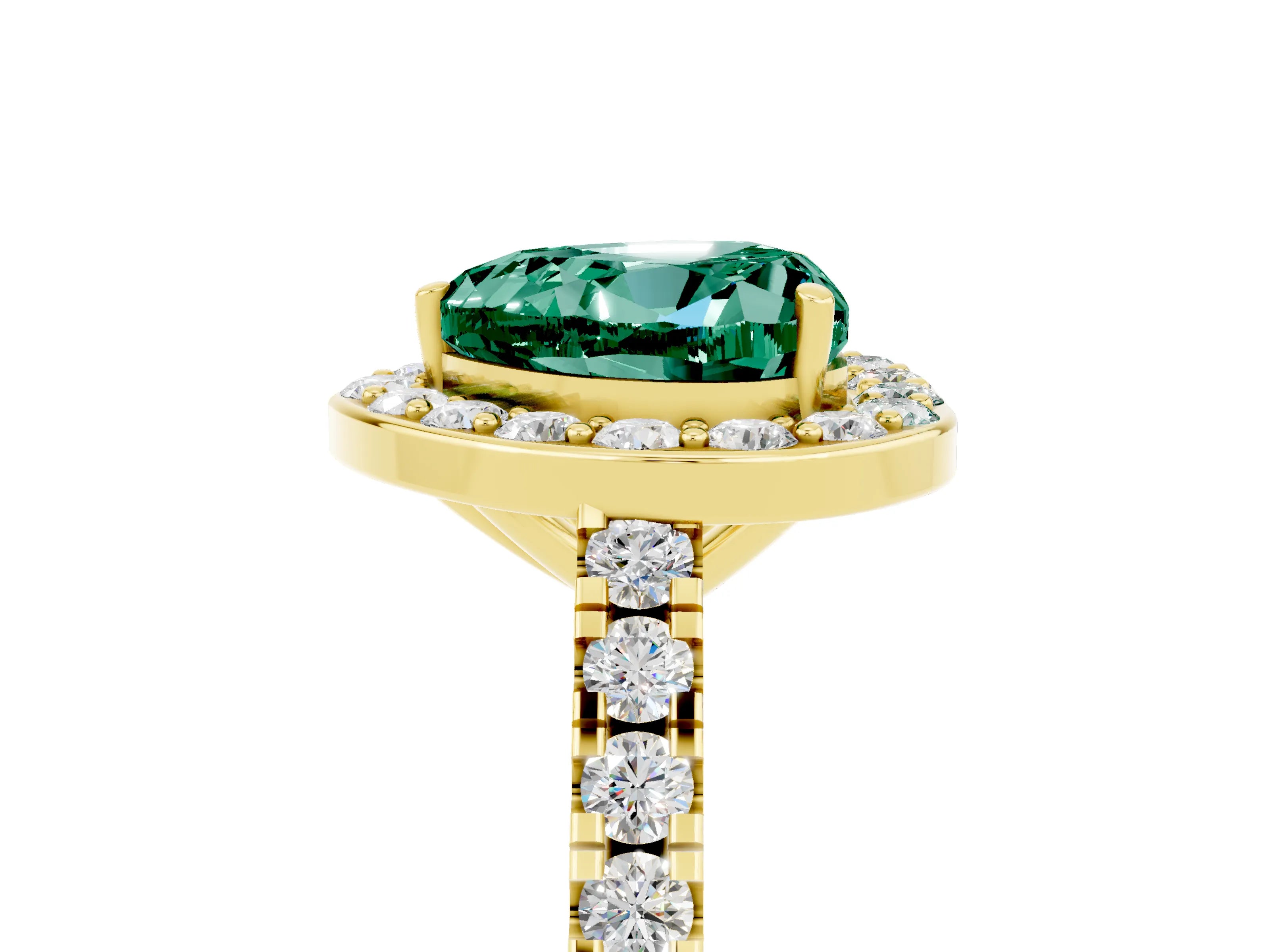 Yellow gold Heart Cut Halo Diamond Ring with Pavé Band and Three-Prong Setting_5