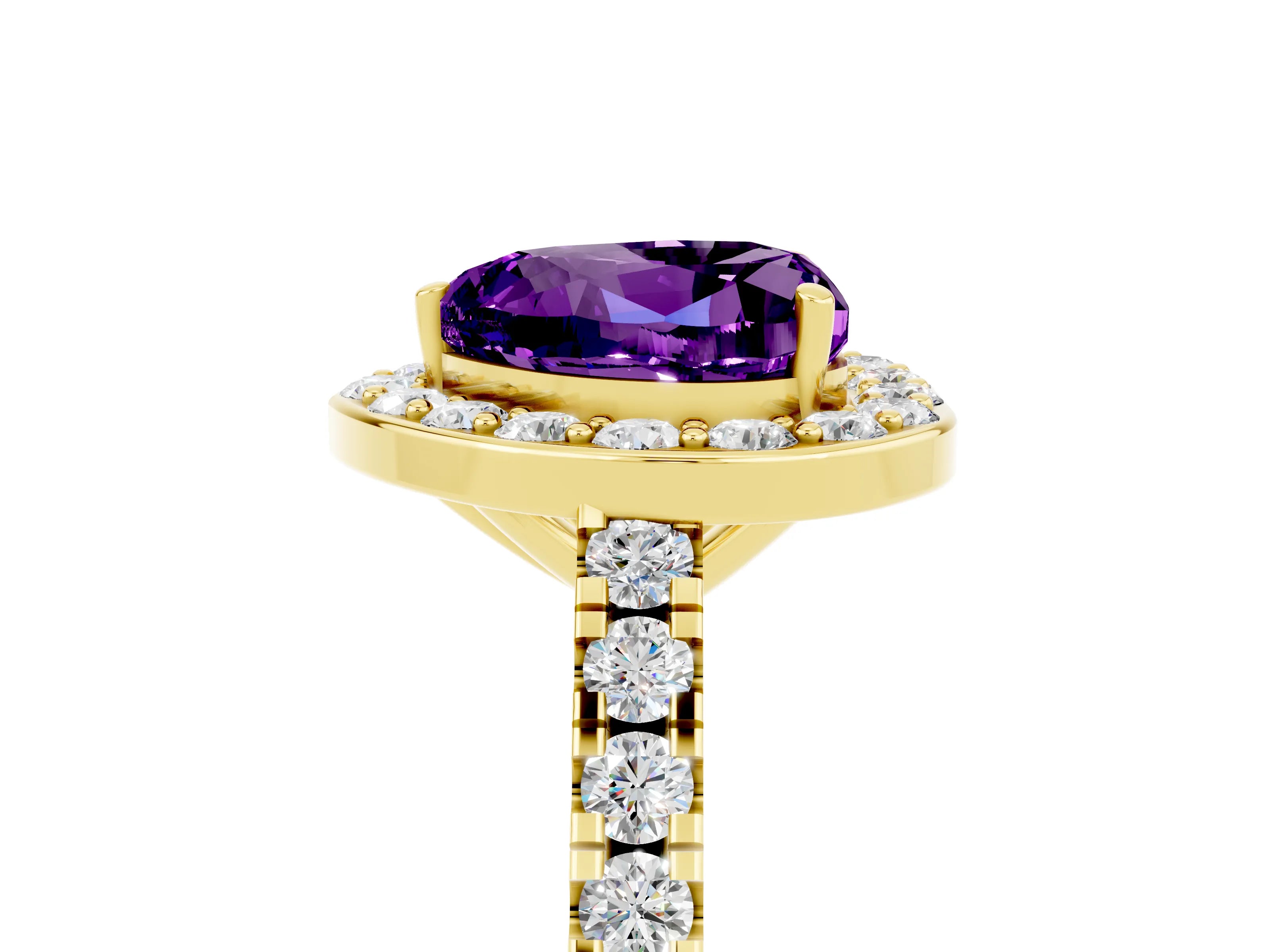 Yellow gold Heart Cut Halo Diamond Ring with Pavé Band and Three-Prong Setting_5