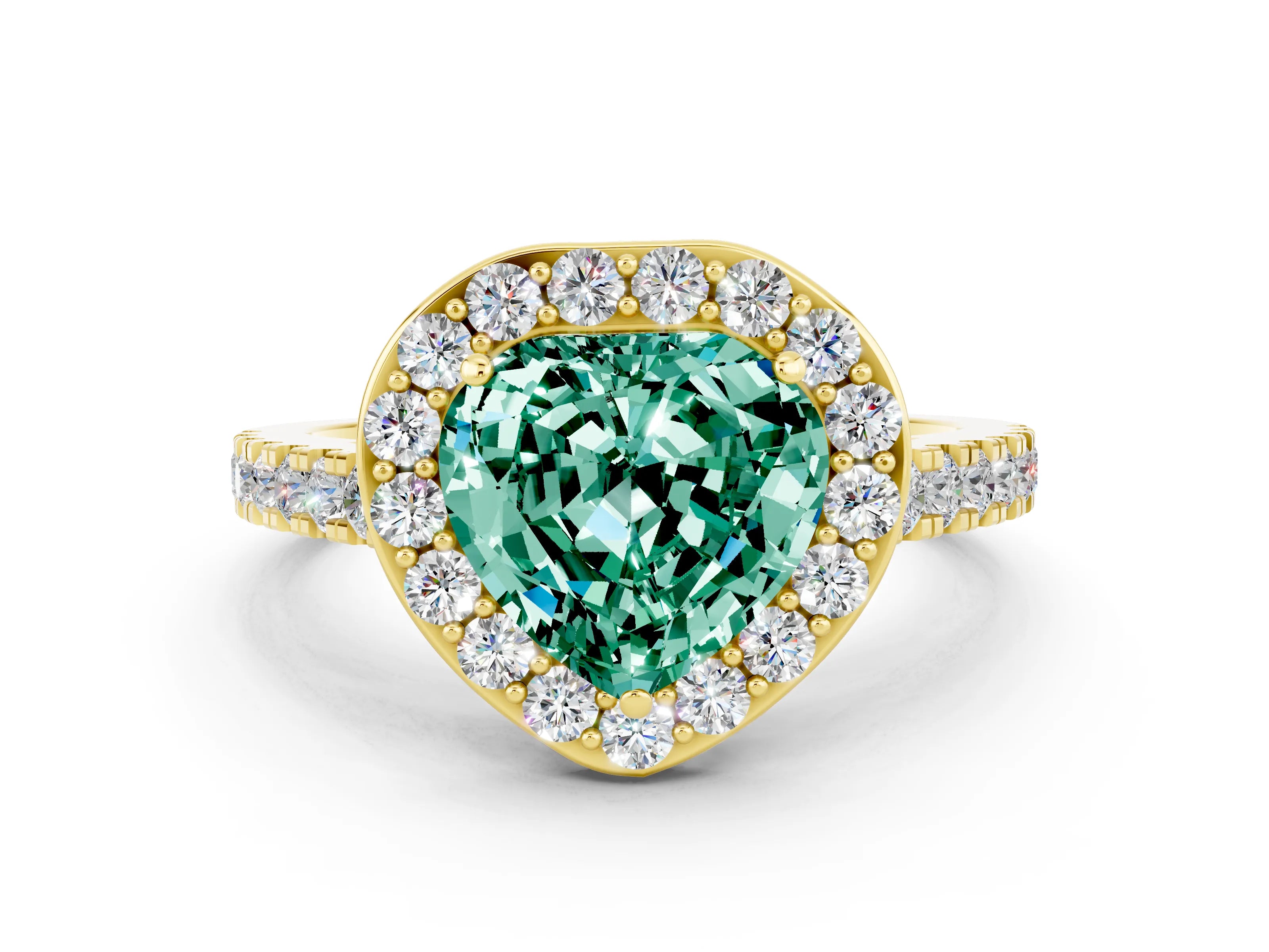Yellow gold Heart Cut Halo Diamond Ring with Pavé Band and Three-Prong Setting