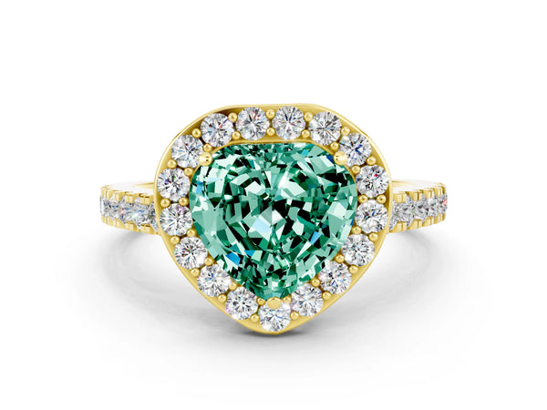 Yellow gold Heart Cut Green Sapphire Halo Ring with Round Pavé Split Shank and Prong Setting
