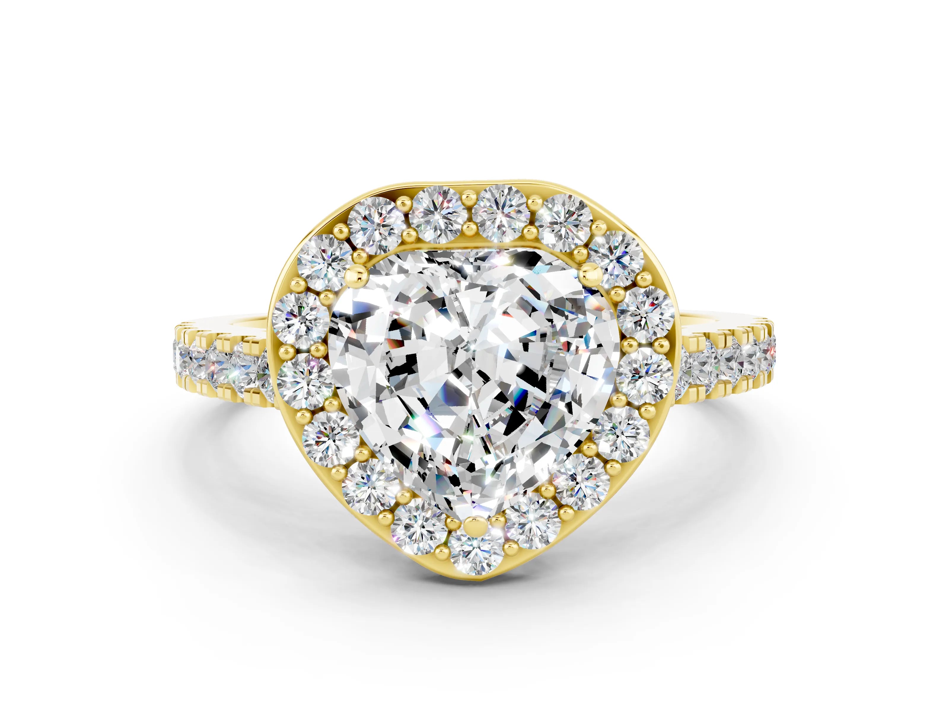 Yellow gold Heart Cut Halo Diamond Ring with Pavé Band and Three-Prong Setting