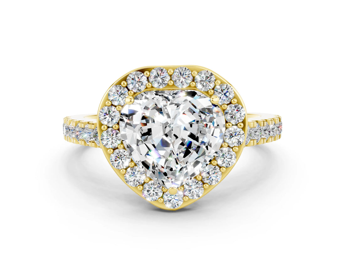 Yellow gold Heart Cut Halo Diamond Ring with Pavé Band and Three-Prong Setting