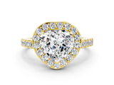 Yellow gold Heart Cut Halo Diamond Ring with Pavé Band and Three-Prong Setting