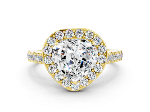Yellow gold Heart Cut Moissanite Halo Ring with Round Pavé Split Shank and Prong Setting