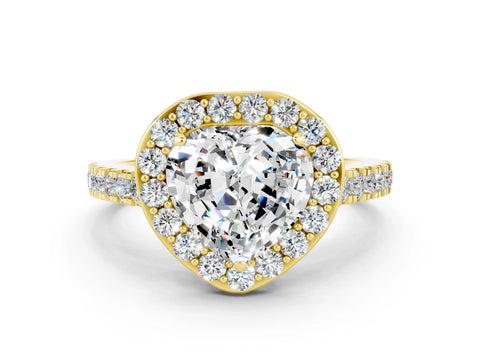 Yellow gold Heart Cut Halo Diamond Ring with Pavé Band and Three-Prong Setting