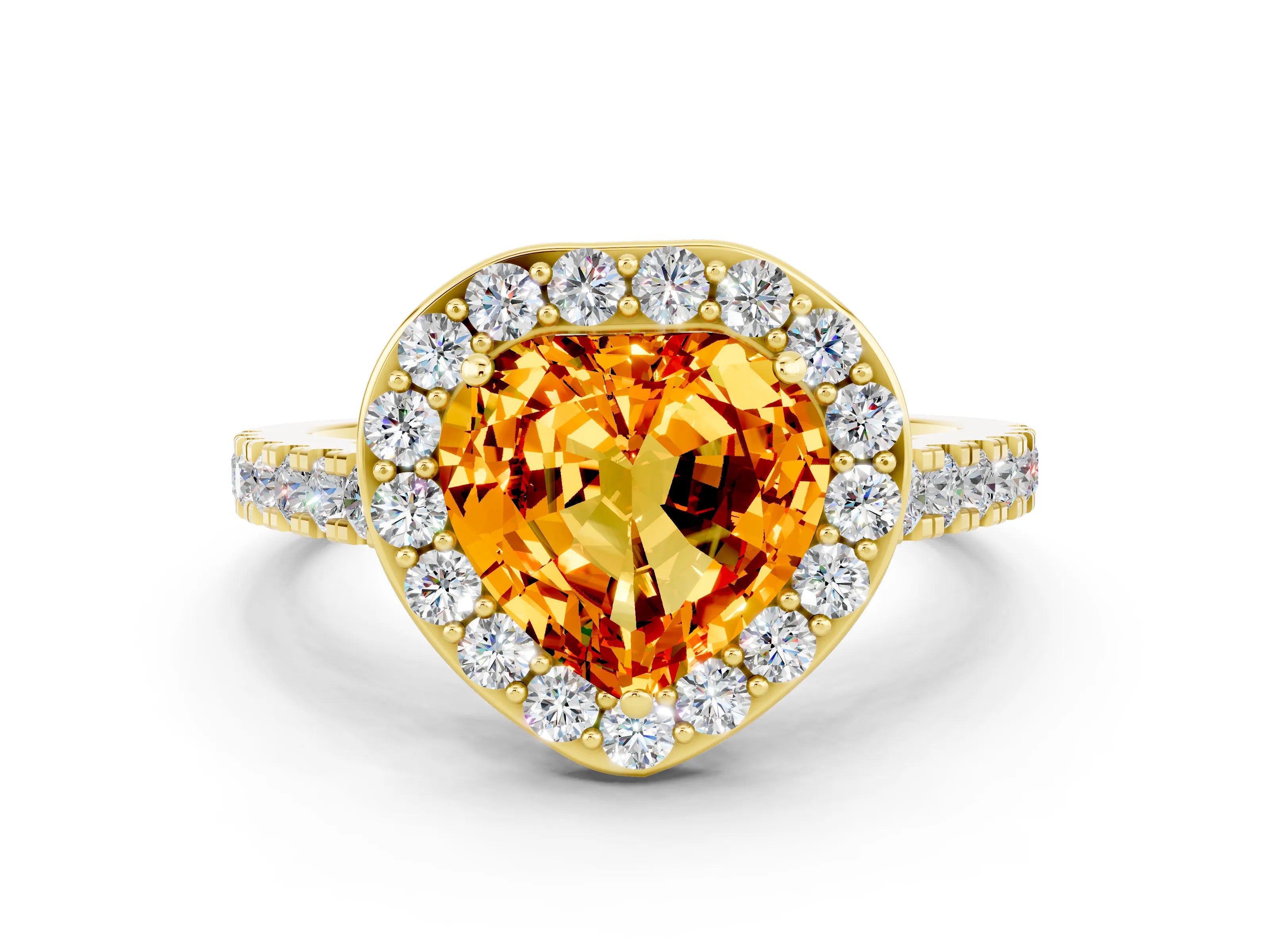 Yellow gold Heart Cut Halo Diamond Ring with Pavé Band and Three-Prong Setting