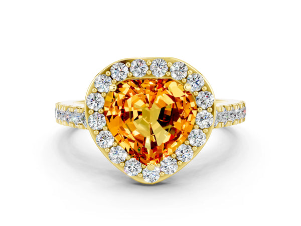 Yellow gold Heart Cut Citrine Halo Ring with Round Pavé Split Shank and Prong Setting
