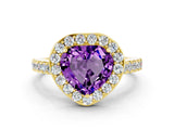 Yellow gold Heart Cut Halo Diamond Ring with Pavé Band and Three-Prong Setting