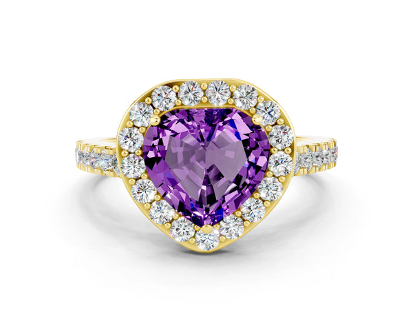 Yellow gold Heart Cut Amethyst Halo Ring with Round Pavé Split Shank and Prong Setting