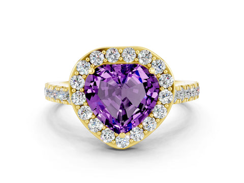 Yellow gold Heart Cut Halo Diamond Ring with Pavé Band and Three-Prong Setting