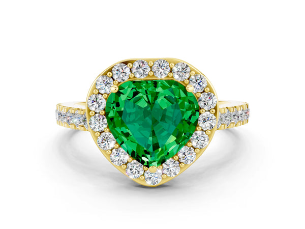 Yellow gold Heart Cut Emerald Halo Ring with Round Pavé Split Shank and Prong Setting
