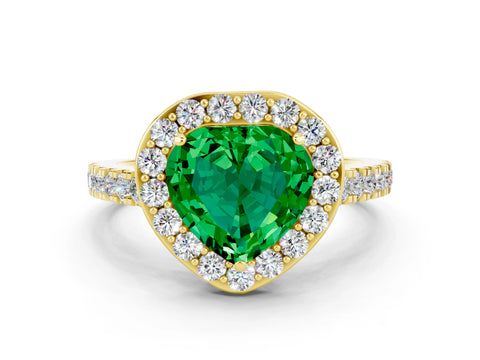 Yellow gold Heart Cut Halo Diamond Ring with Pavé Band and Three-Prong Setting