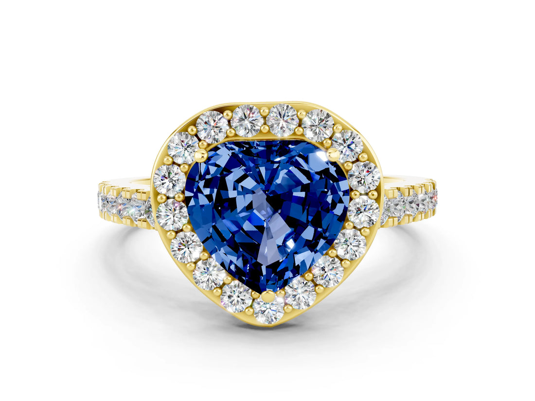 Yellow gold Heart Cut Halo Diamond Ring with Pavé Band and Three-Prong Setting