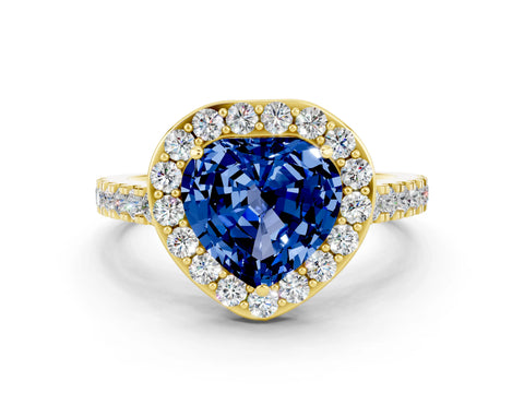 Yellow gold Heart Cut Halo Diamond Ring with Pavé Band and Three-Prong Setting