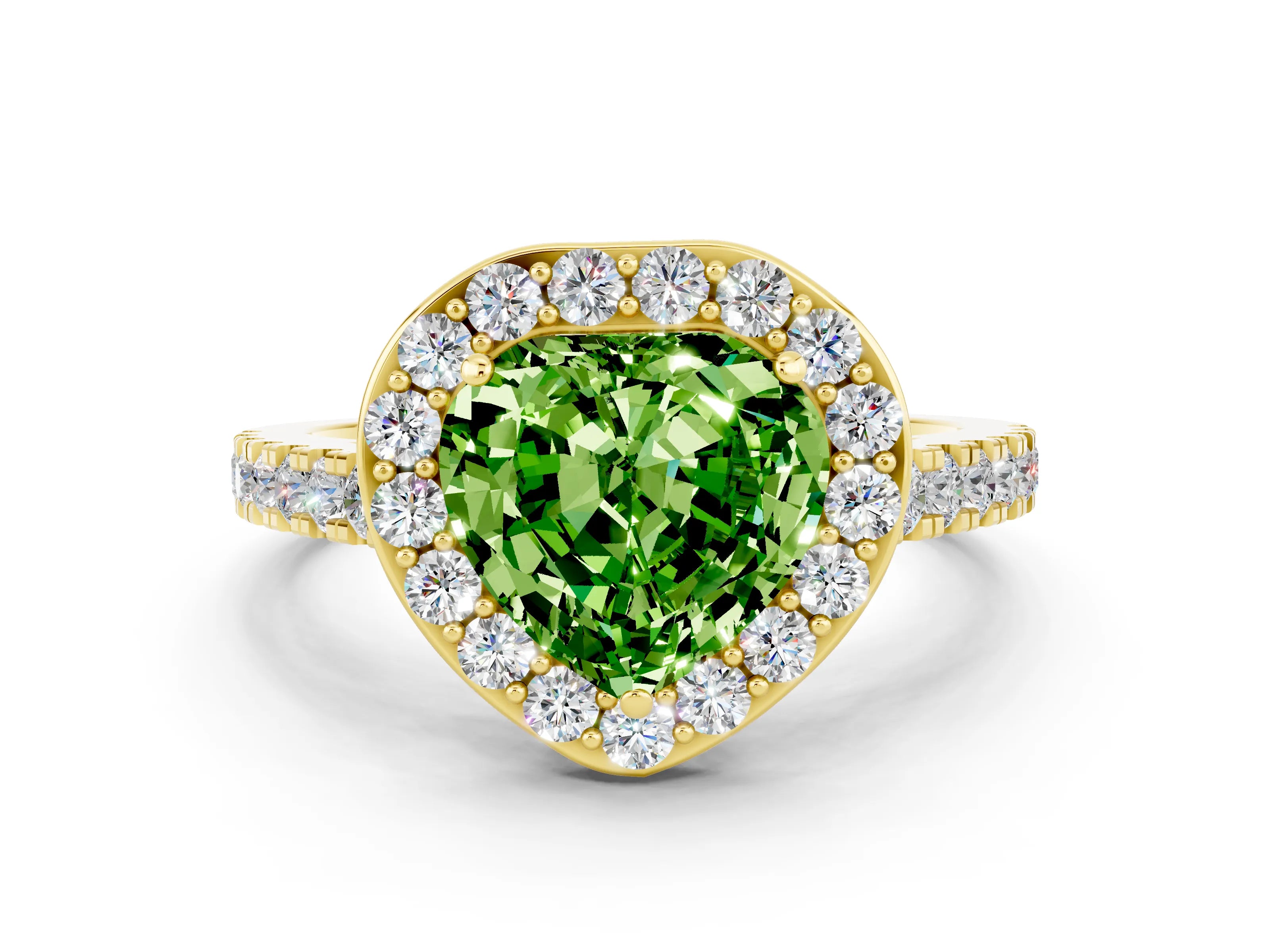 Yellow gold Heart Cut Halo Diamond Ring with Pavé Band and Three-Prong Setting