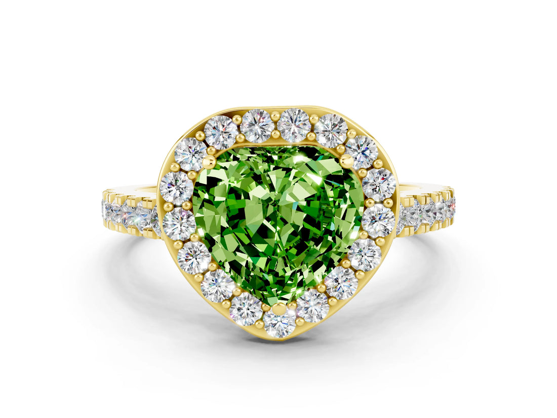 Yellow gold Heart Cut Halo Diamond Ring with Pavé Band and Three-Prong Setting
