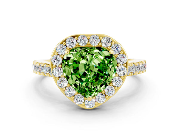 Yellow gold Heart Cut Halo Diamond Ring with Pavé Band and Three-Prong Setting