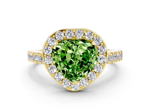 Yellow gold Heart Cut Halo Diamond Ring with Pavé Band and Three-Prong Setting