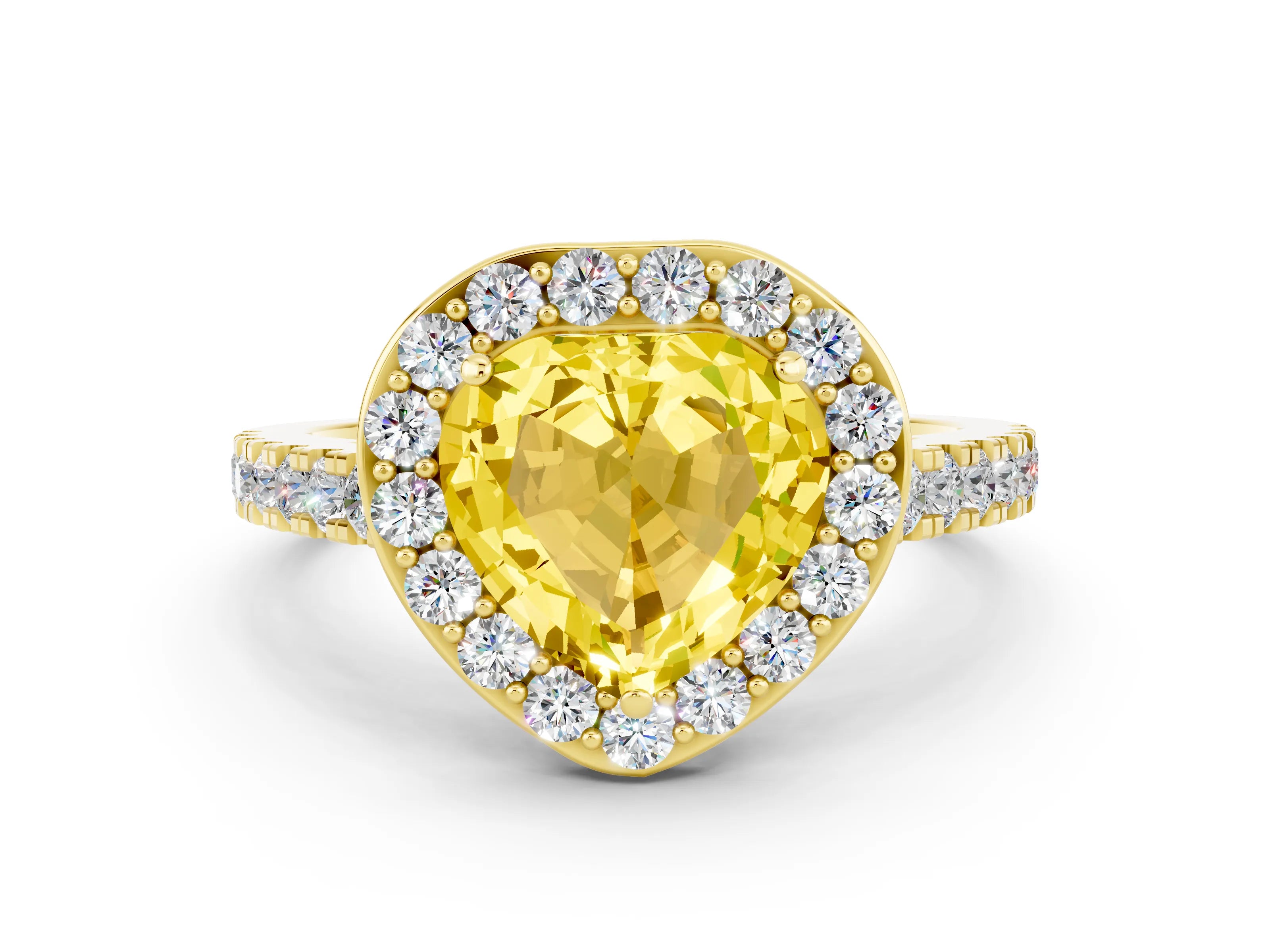 Yellow gold Heart Cut Halo Diamond Ring with Pavé Band and Three-Prong Setting