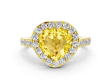 Yellow gold Heart Cut Halo Diamond Ring with Pavé Band and Three-Prong Setting