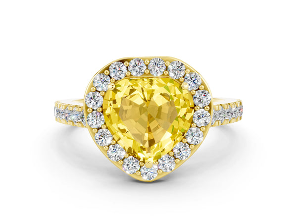 Yellow gold Heart Cut Yellow Sapphire Halo Ring with Round Pavé Split Shank and Prong Setting