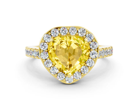 Yellow gold Heart Cut Halo Diamond Ring with Pavé Band and Three-Prong Setting