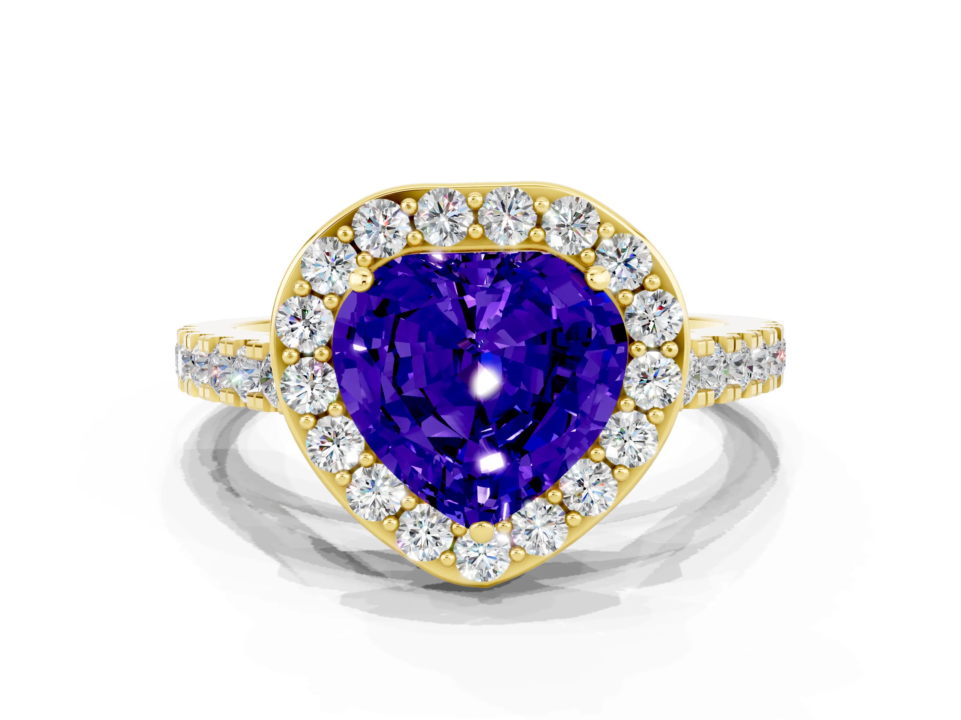 Yellow gold Heart Cut Halo Diamond Ring with Pavé Band and Three-Prong Setting