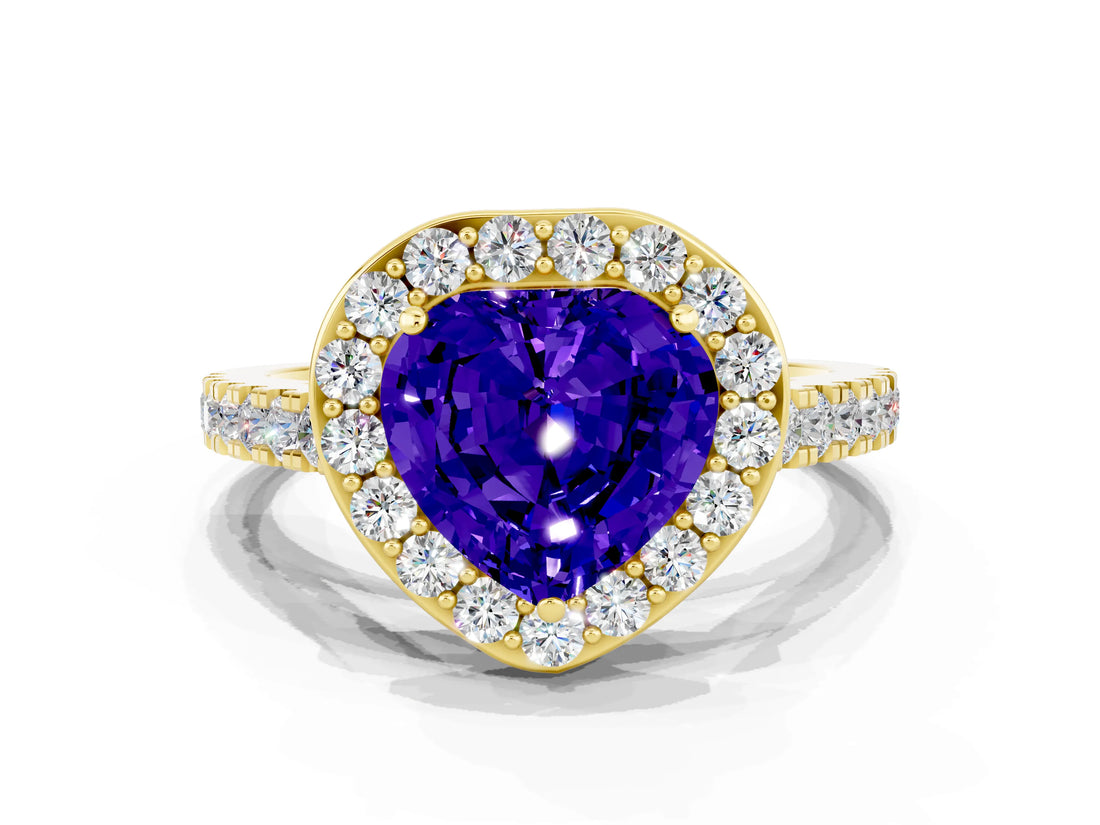 Yellow gold Heart Cut Halo Diamond Ring with Pavé Band and Three-Prong Setting