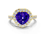 Yellow gold Heart Cut Halo Diamond Ring with Pavé Band and Three-Prong Setting