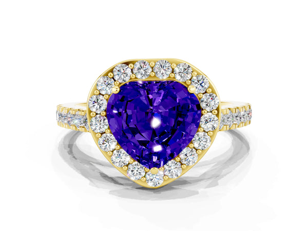 Yellow gold Heart Cut Tanzanite Halo Ring with Round Pavé Split Shank and Prong Setting