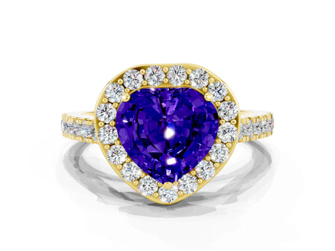 Yellow gold Heart Cut Halo Diamond Ring with Pavé Band and Three-Prong Setting
