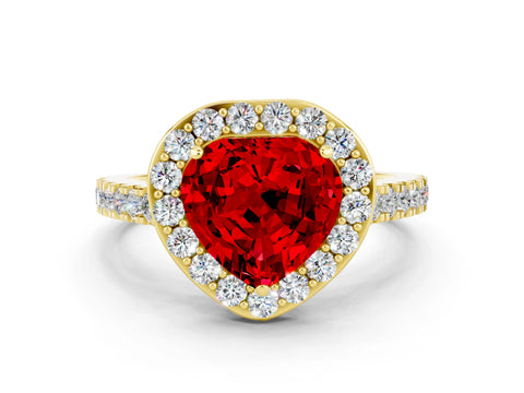 Yellow gold Heart Cut Halo Diamond Ring with Pavé Band and Three-Prong Setting