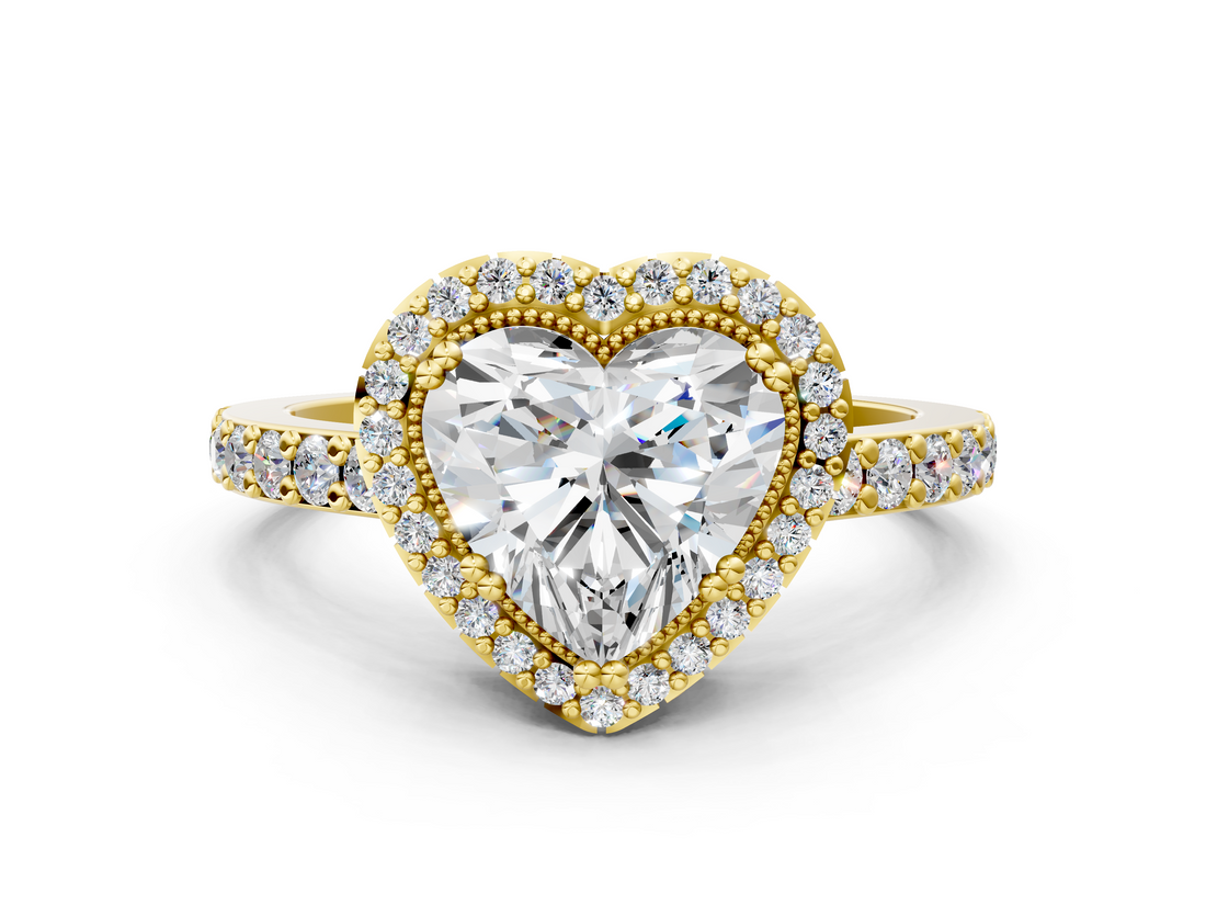 Yellow gold Heart Cut Halo Diamond Ring with Pave Band and Four-Prong Setting_41