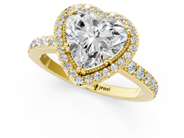 Yellow gold Heart Cut Diamond Halo Engagement Ring with Milgrain Detail and Pavé Band