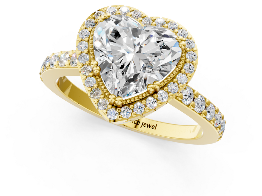 Yellow gold Heart Cut Diamond Halo Engagement Ring with Milgrain Detail and Pavé Band