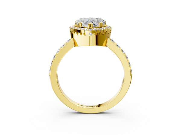 Yellow gold Heart Cut Diamond Halo Engagement Ring with Milgrain Detail and Pavé Band