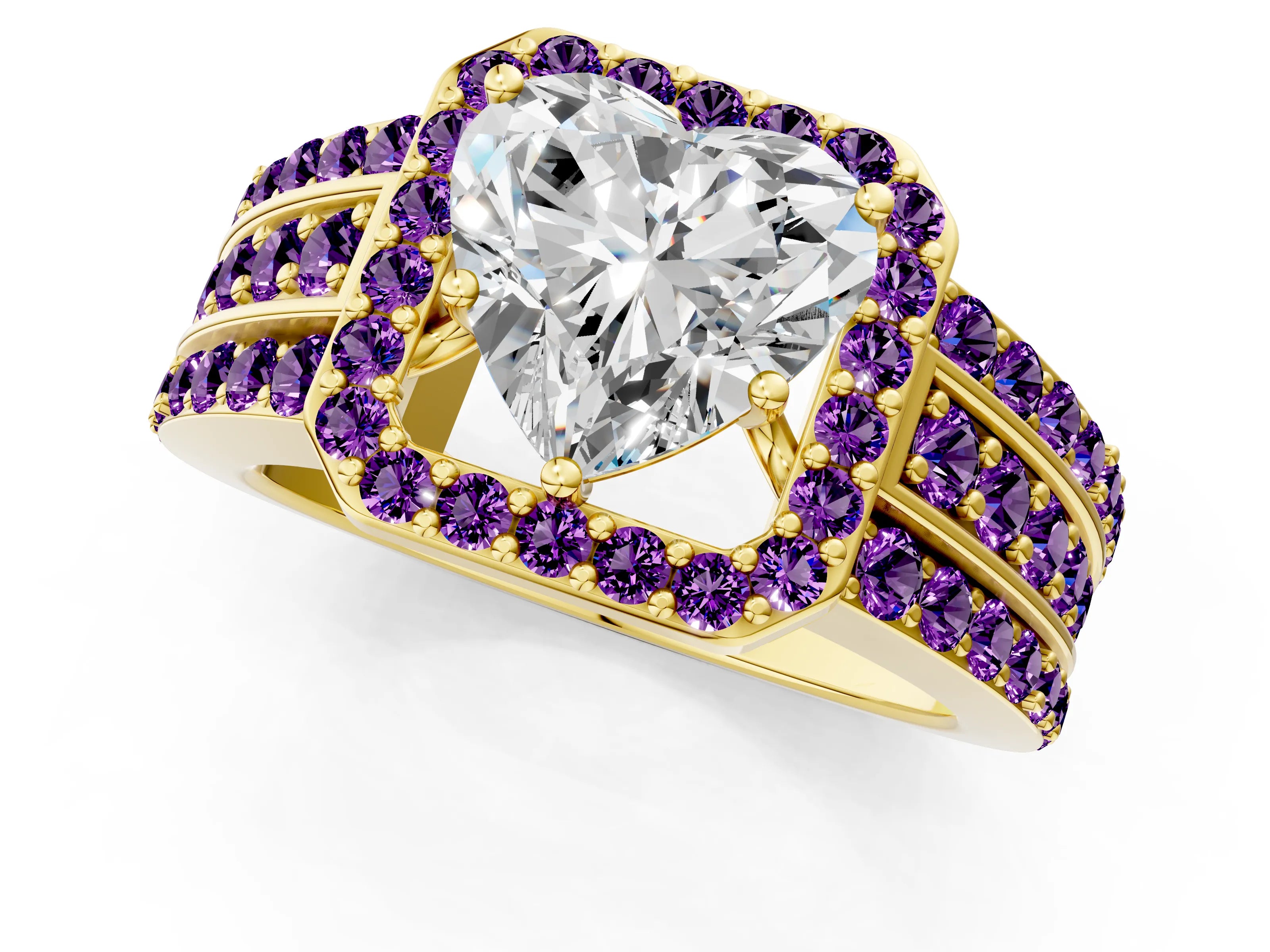 Yellow gold Heart Cut Halo Diamond Ring with Round with Amethyst side stone Split Shank and Prong Setting_1