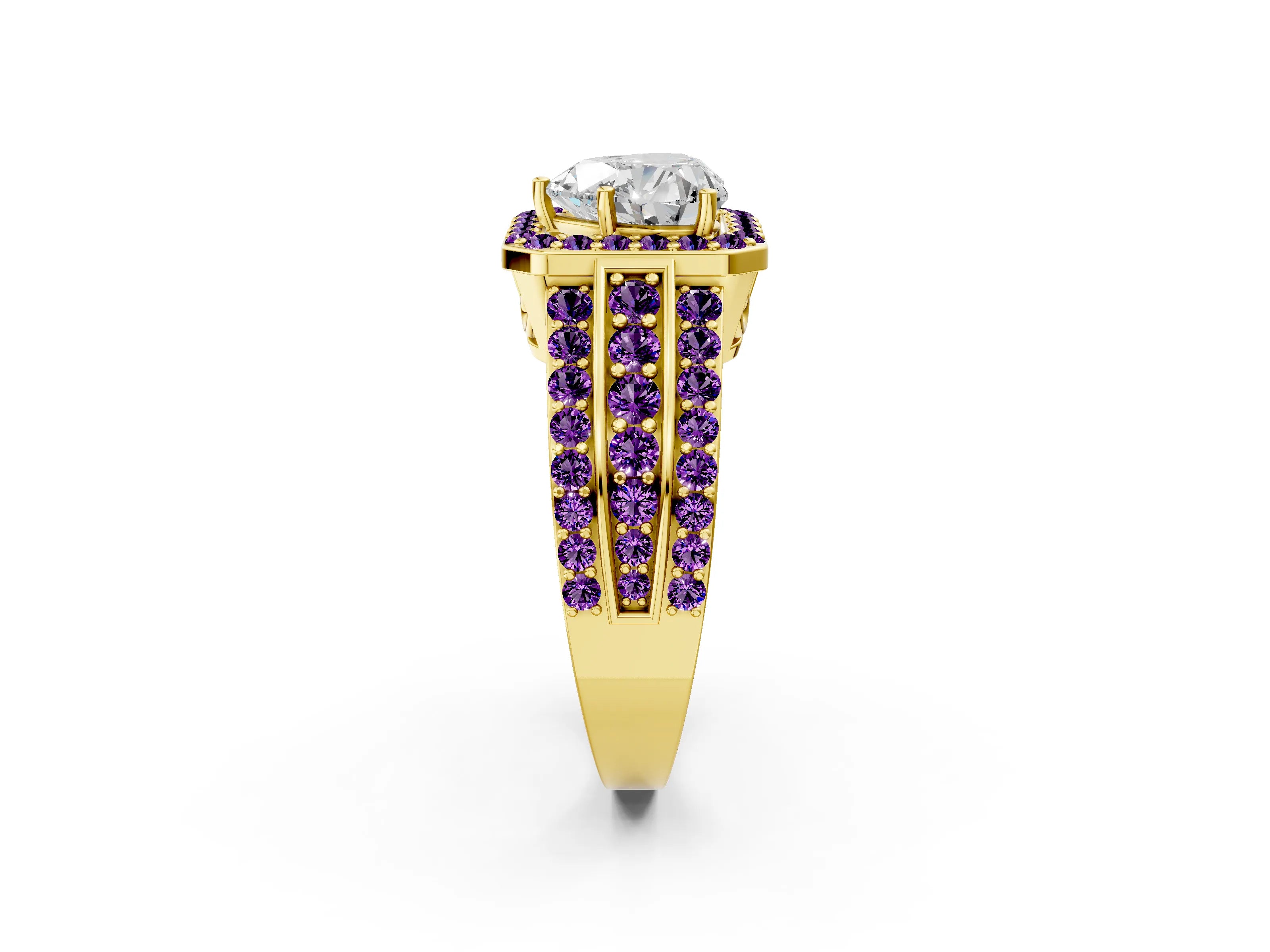 Yellow gold Heart Cut Halo Diamond Ring with Round with Amethyst side stone Split Shank and Prong Setting_2