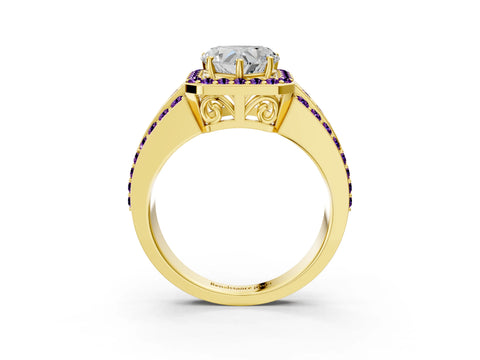 Yellow gold Heart Cut Halo Diamond Ring with Round with Amethyst side stone Split Shank and Prong Setting_3