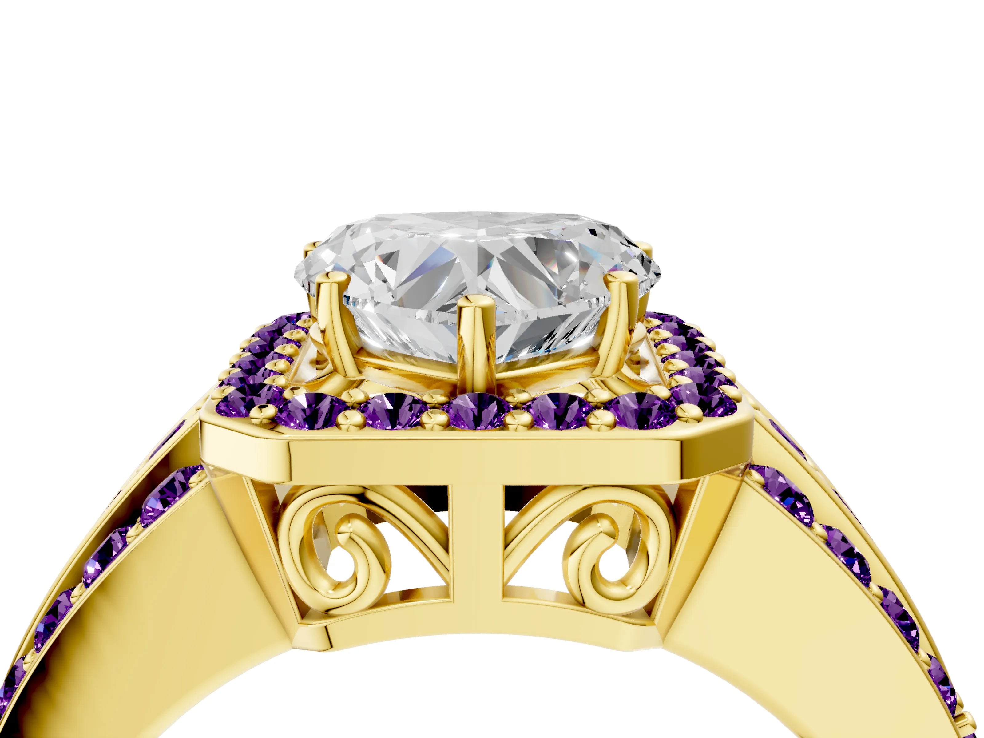 Yellow gold Heart Cut Halo Diamond Ring with Round with Amethyst side stone Split Shank and Prong Setting_4