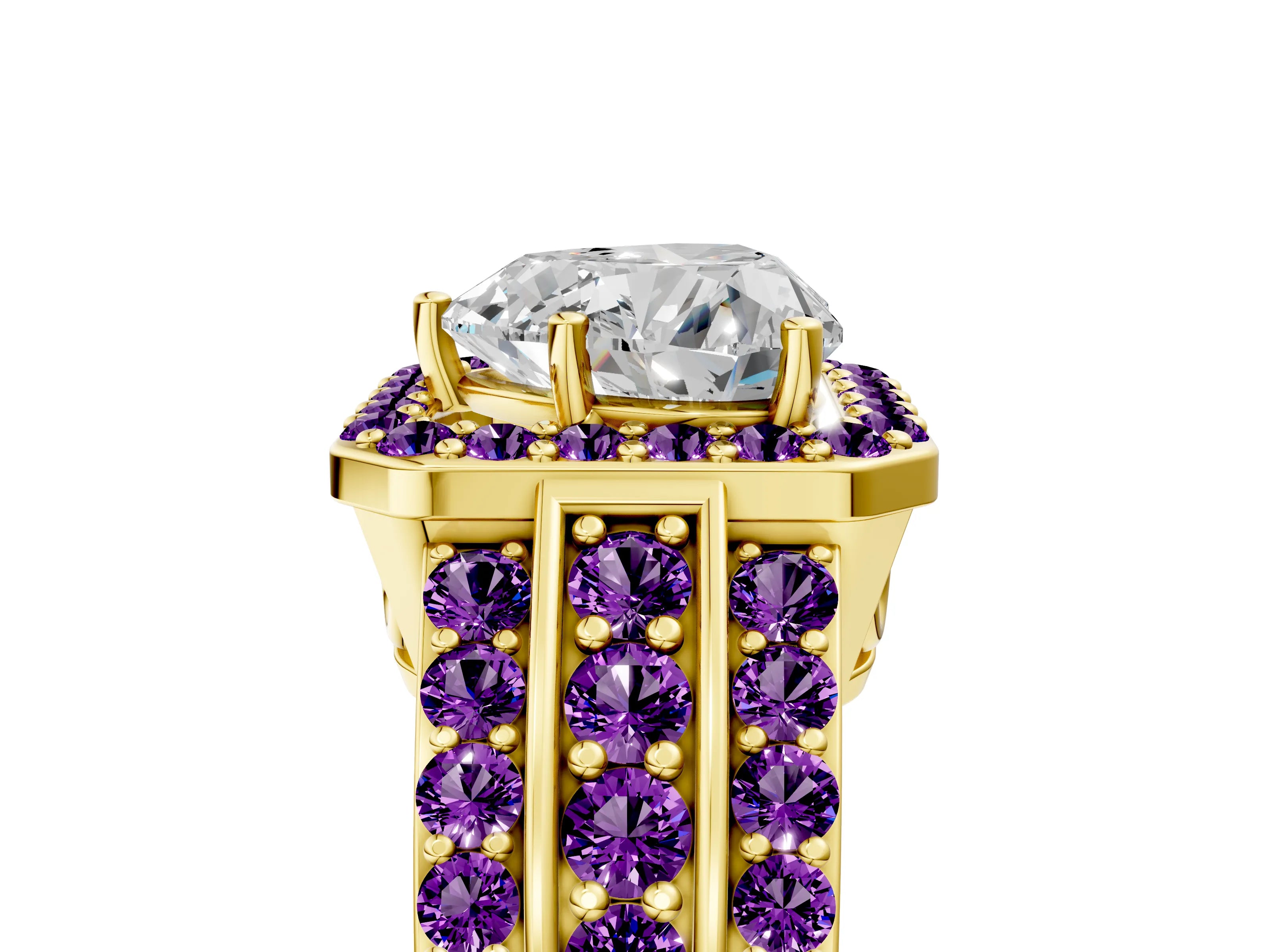 Yellow gold Heart Cut Halo Diamond Ring with Round with Amethyst side stone Split Shank and Prong Setting_5