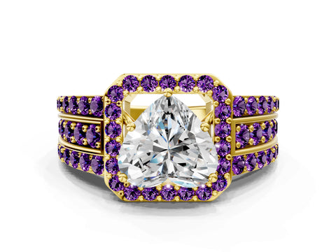 Yellow gold Heart Cut Halo Diamond Ring with Round with Amethyst side stone Split Shank and Prong Setting