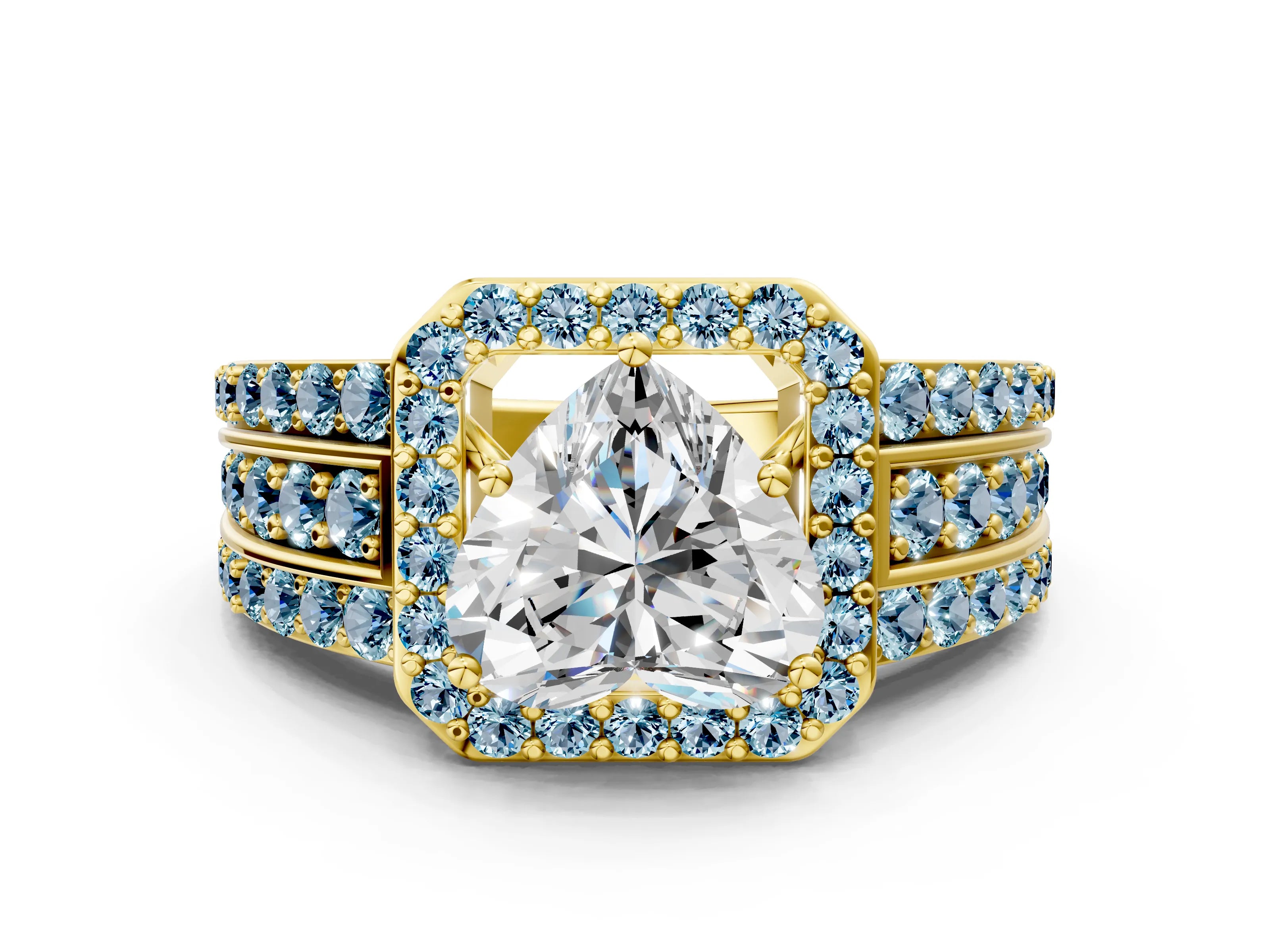 Yellow gold Heart Cut Halo Diamond Ring with Round with Aquamarine side stone Split Shank and Prong Setting