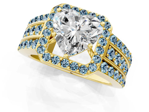 Yellow gold Heart Cut Halo Diamond Ring with Round with Aquamarine side stone Split Shank and Prong Setting_1