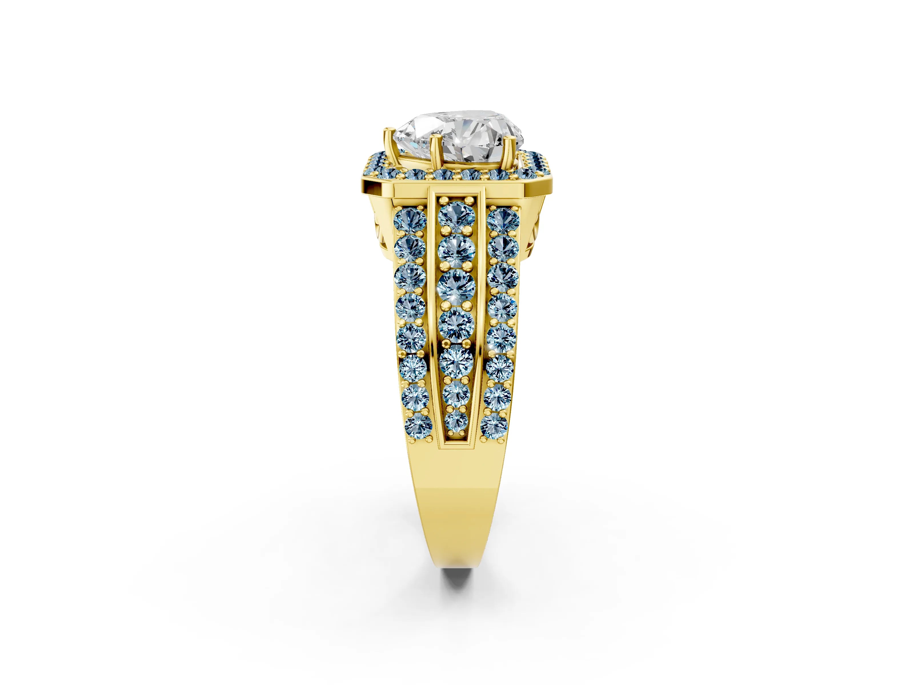 Yellow gold Heart Cut Halo Diamond Ring with Round with Aquamarine side stone Split Shank and Prong Setting_2