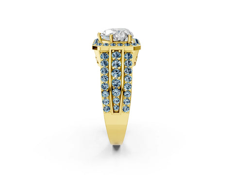 Yellow gold Heart Cut Halo Diamond Ring with Round with Aquamarine side stone Split Shank and Prong Setting_2