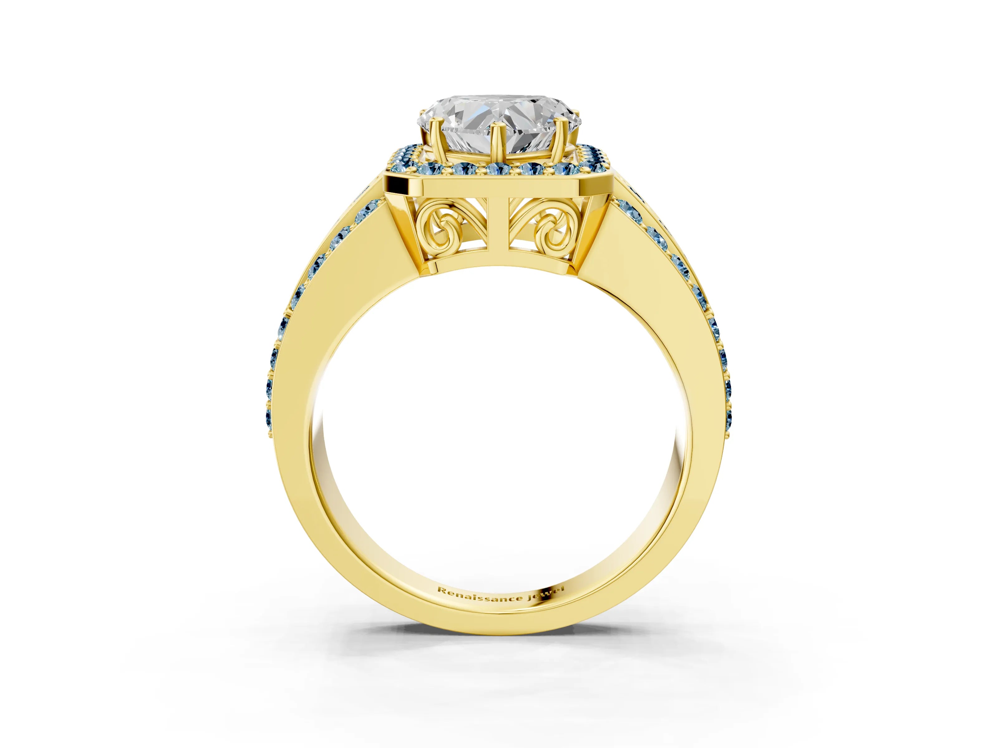 Yellow gold Heart Cut Halo Diamond Ring with Round with Aquamarine side stone Split Shank and Prong Setting_3