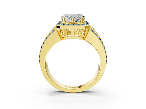 Yellow gold Heart Cut Halo Diamond Ring with Round with Aquamarine side stone Split Shank and Prong Setting_3