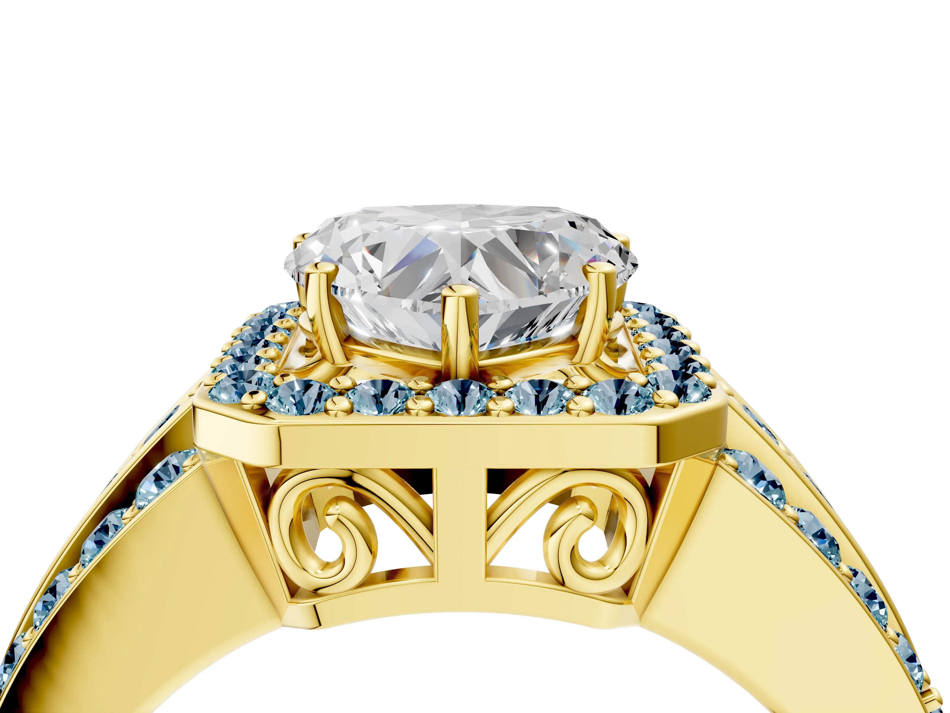 Yellow gold Heart Cut Halo Diamond Ring with Round with Aquamarine side stone Split Shank and Prong Setting_4